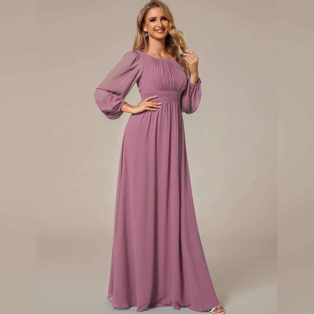 Ever-Pretty Women's Crewneck Lantern Sleeves A-Line Pleated Chiffon Maxi Formal